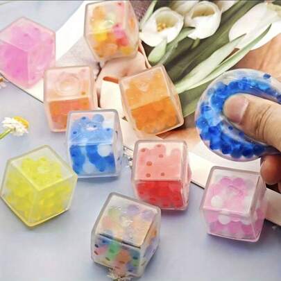 1/3/6 piezas Juguete antiestres con forma de dado transparente relleno de cuentas de color aleatorio, juguete apretable para aliviar el estrés para adolescentes y adultos, dado apretable transparente, juguete apretable con cuentas, juguete apretable para aliviar el estrés, juguete antiestrés de color aleatorio, 1/3/6 piezas apretables, juguete de descompresión para adolescentes