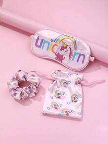 1pc Scrunchie, 1pc Eye Mask, 1pc Storage Pouch - Polyester Fabric Unicorn Printed Cute Hair Accessory Set For Daily Use - Multicolor - View 2