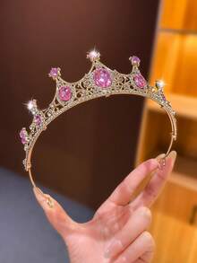 1pc Gold & Pink Crystal Princess Crown Headpiece, High-End Hair Accessory Birthday Gift For Girls - Pink - View 3