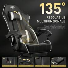 HLONONE Gaming Chair, Ergonomic Gamer Chair With Headrest And Lumbar Cushion, Office Chair Height Adjustable, 90-135° Adjustable Tilt Angle Gaming Chair, 150 Kg Load Capacity - Đen và trắng - Xem 5
