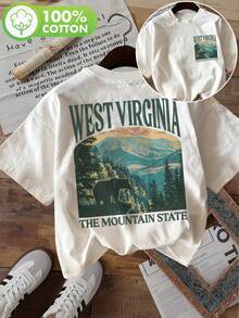 [Double-Sided Print] Summer Casual Women's Top, Vintage Style, Mountain Bear WEST VIRGINIA THE MOUNTAIN Print, Round Neck, Pure Cotton Short-Sleeve T-Shirt [Ling K] Summer Outfits For Women XQ07 - trắng - Xem 9