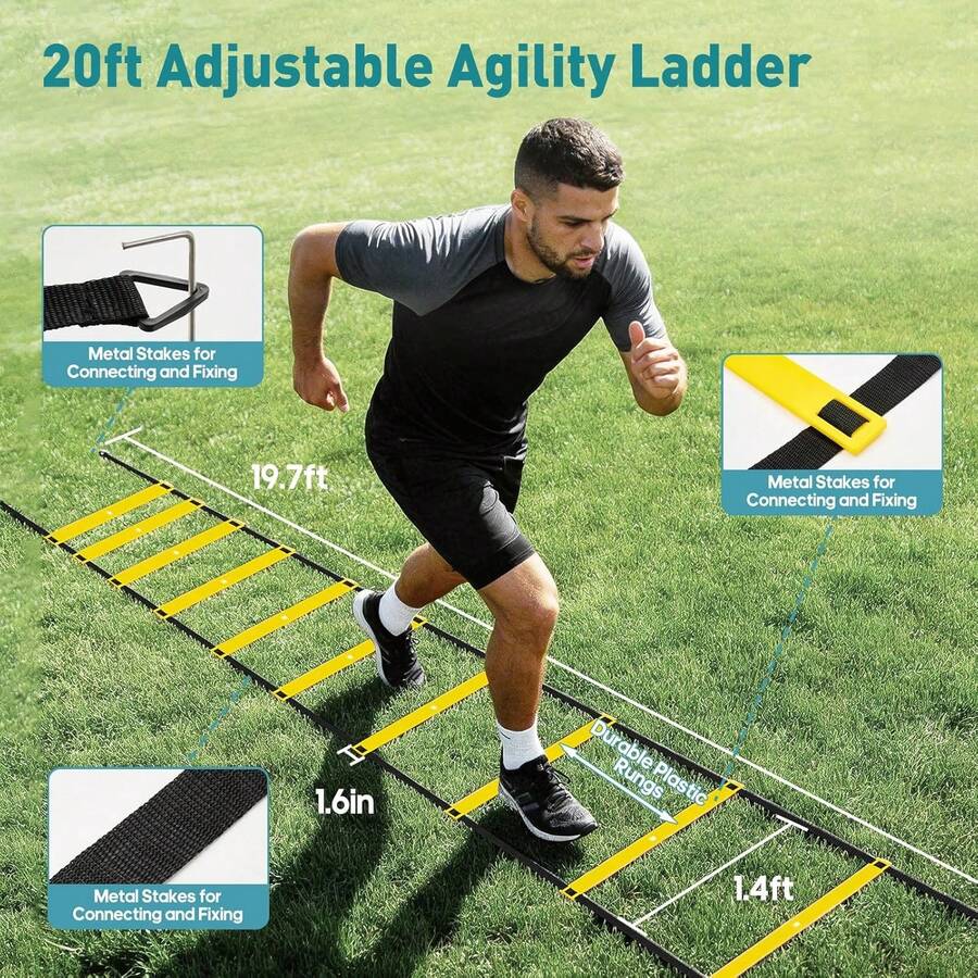 Agility Ladder Training Set, 20ft Speed Ladder With 4 Hurdles, Jump Rope, 12 Soccer Cones & Running Parachute, All-In-One Agility Speed Training Equipment For Soccer, Football, Basketball - Yellow - View 1