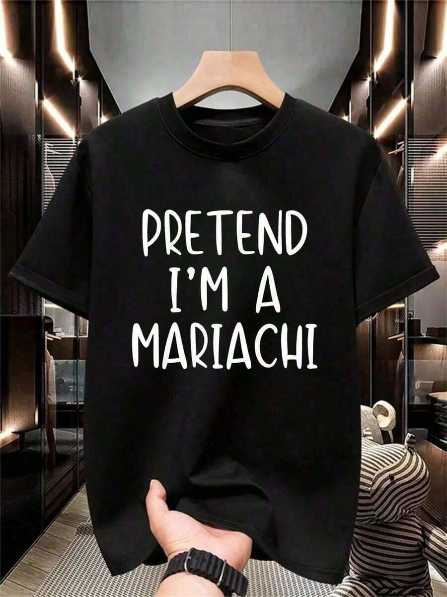 Men's 100% Cotton T-Shirt For Halloween Costume, With "Pretend I'm A Mariachi" Print, Casual Fit, Breathable, Perfect For Halloween, Parties And Everyday Wear, Fun T-Shirt With Mexican Humor. - 黑色 - 查看 1