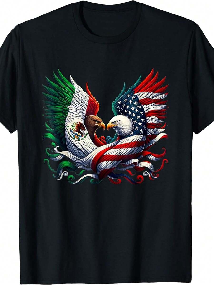 Camiseta con diseño de alas de águila mexicana americana - Negro - Ver 1