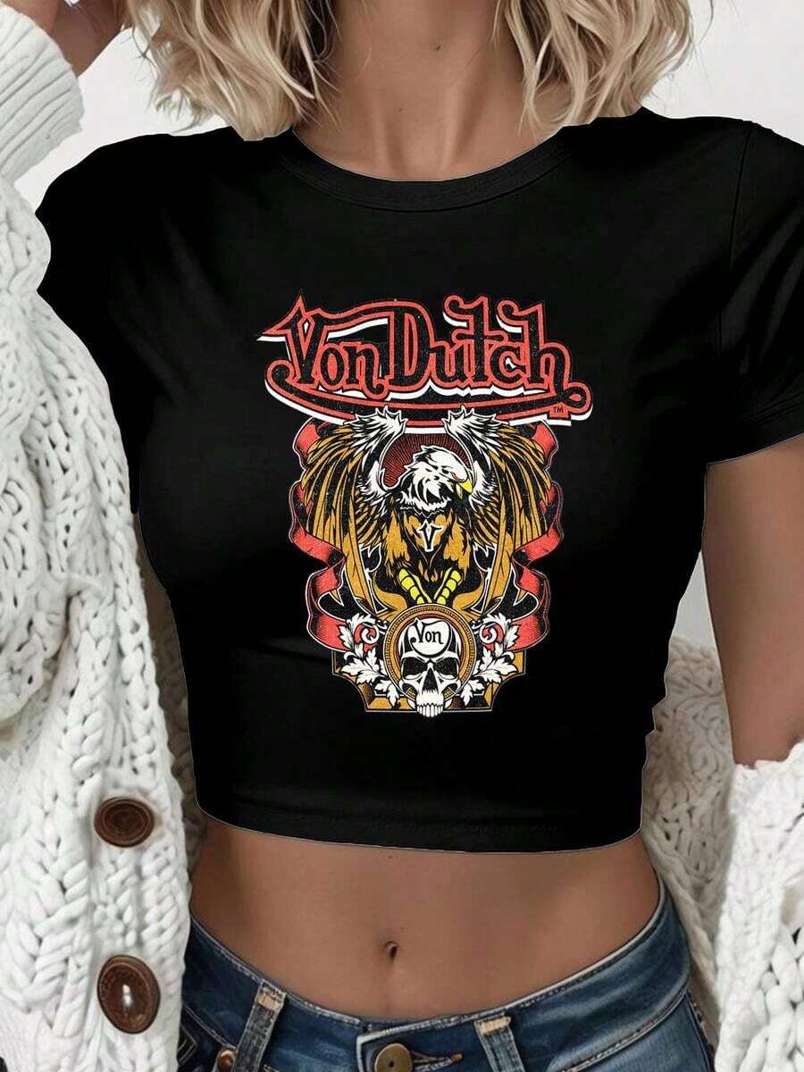 Print Women's Retro Street Brand Style Van Dutch Eagle Skull Print Crew Neck Short Sleeve Slim Fit Cropped T-Shirt Summer Polyester Versatile Everyday Wear Perfect Gift For Her - 黑色 - 查看 1