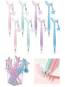 10 pezzi Set di penne fineliner glitter a forma di coda di sirena con ciondolo a stella, penne a base d'acqua a forma di sirena, design elegante, corpo della penna in plastica ovale, cappuccio a pressione, punta media, inchiostro nero 0,5 mm - ideale per adulti, ritorno a scuola, forniture per ufficio, compleanni, festa di nascità (1/3/5/10 pezzi) - A - Visualizzare 2