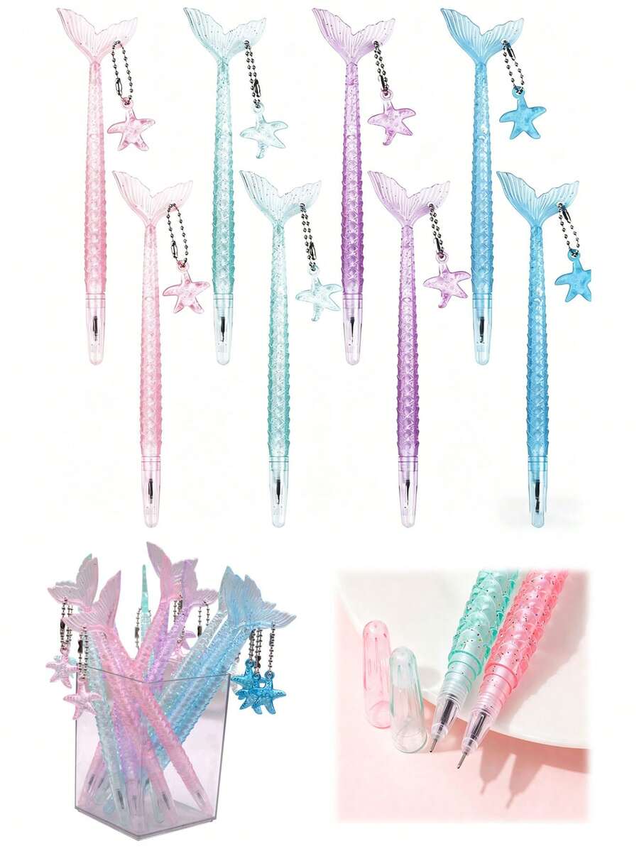10 pezzi Set di penne fineliner glitter a forma di coda di sirena con ciondolo a stella, penne a base d'acqua a forma di sirena, design elegante, corpo della penna in plastica ovale, cappuccio a pressione, punta media, inchiostro nero 0,5 mm - ideale per adulti, ritorno a scuola, forniture per ufficio, compleanni, festa di nascità (1/3/5/10 pezzi)