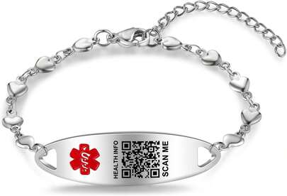 Theluckytag Upgraded QR Code Medical ID Bracelets For Women Medical Alert Bracelet - Sterling Silver 7'' ~9'' Chain Link - More Space Save &Amp; Change Emergency Med Info