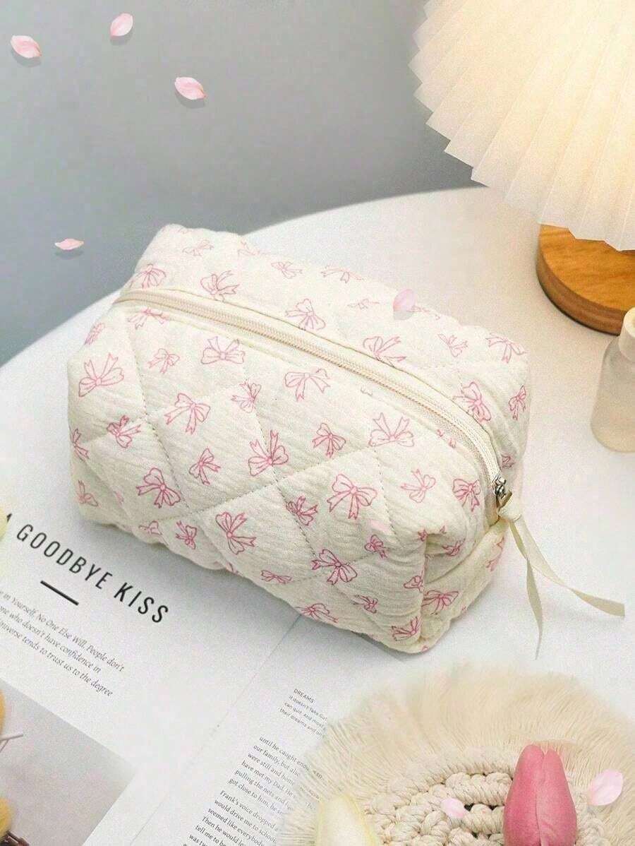 Cute Bow Make Up Bag Cute Bow Knot Pattern Toiletries Bag Travel Make Organizer Zipper Pouch, Quilted Cosmetics Bag, Stylish Foldable Commuter Makeup Bag For Brushes Aesthetic Cosmetic Bag For Gift, Friend, Girls, Student Quilted Floral Flower Zippered Makeup Bag Cute Floral Cosmetic Bag With Zipper Gift Storage Jewelry Organizer Box Bathroom Set Valentines Back To School Supplies - 藍色 - 查看 1