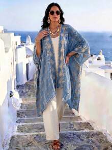 1 chiếc khăn choàng/khăn quàng cổ kimono/sarong thêu hoa kẻ caro phong cách Bohemian thanh lịch, thích hợp cho nữ mùa xuân/hè, kiểu dáng sang trọng, nhẹ nhàng, đa năng, phù hợp mặc hàng ngày và làm quà tặng. - Màu xanh lam - Xem 1