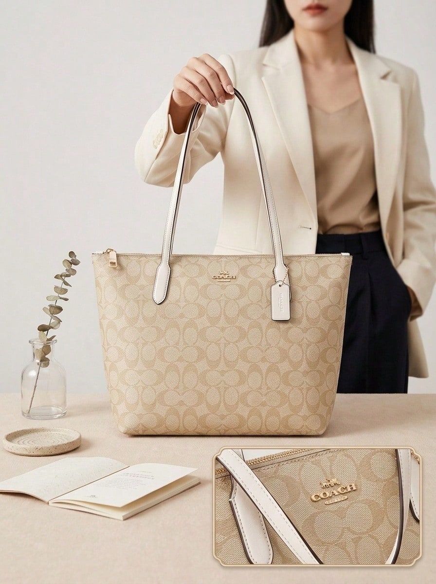 Túi xách đeo vai COACH Fiona 24 logo kim loại dành cho nữ, kích thước 9.4x4x8.2 inch. - Màu be - Xem 1