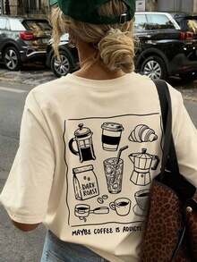 Camiseta de manga corta con cuello redondo, estampado de desayuno de comida y bebida, de estilo holgado y casual, versátil y de uso diario para mujer, color blanco - Albaricoque - Ver 4