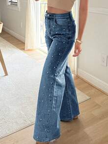 Women's Mid-Waisted Wide Leg Jeans, Vintage Washed Loose Denim Pants With Side Studs, Casual/Workwear - Dark Blue - Pearl - View 1