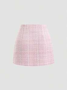 Falda mini con abertura, decorada con botones, de cintura alta y corte evasé en tejido de tweed rosa de moda y versátil para mujer - Negro - Ver 7