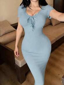 Vestido de verano de manga corta, ajustado y con cuello con volantes y lazo para mujeres - Celeste - Ver 12