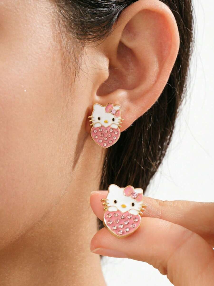 Cute Cartoon KT Cat Hugging Heart Delicate Unique Petite Sweet Fashionable Design Dopamine Inspired Earrings - Multicolor - View 1