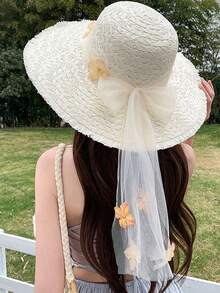 1顶高品质多功能宽檐遮阳帽，女士款，花卉网纱蝴蝶结装饰，草编沙滩帽，可折叠透气宽檐夏季帽，优雅女士旅行遮阳帽，郁金香网纱装饰 - A - 查看 9
