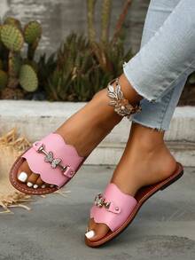 Zapatillas planas de moda para mujer, de punta abierta y unicolor, con decoración de mariposa de strass, adecuadas para el uso diario - Rosa - Ver 4