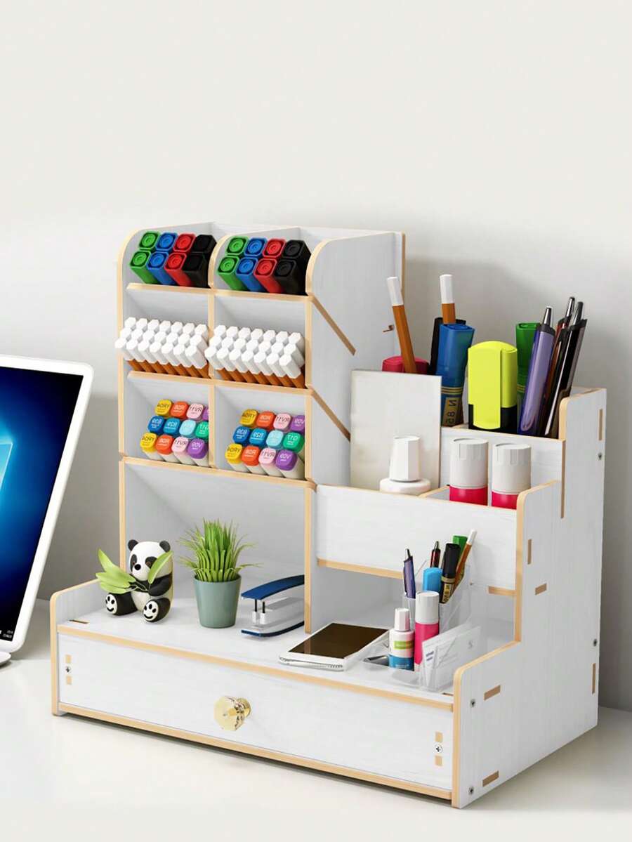 1pc Desktop DIY Pen Holder Storage Box Multi-Functional Office Supplies Stationery Organizer Large Capacity Student Wood Plastic Pen Rack - A - View 1