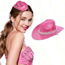 Mini Cowboy Hat Glitter Pink Cowgirl Hat For Women Disco Costume Accessories For Halloween Cowboy Party - Pink - View 9