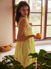 Lullawish Vestido de salón informal con volantes y estampado jacquard cómodo y holgado para vacaciones estilo bohemio de mujer - Amarillo - Ver 1