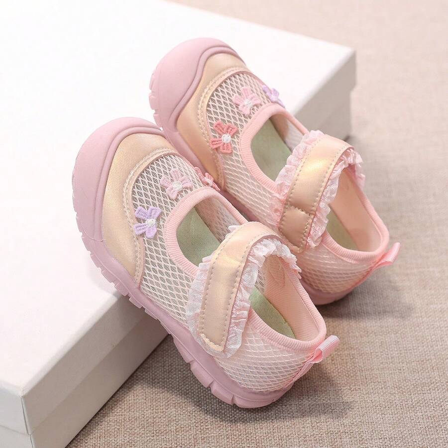 Toddler Girls' Ballet Style Princess Shoes, Summer Mesh Breathable Non-Slip Soft Bottom Hook And Loop Closed Toe Shoes - Pink - View 1