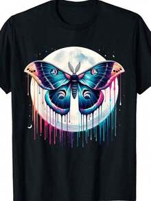 Camiseta con diseño de mariposa Luna Moth en técnica de pintura por goteo - Negro - Ver 1