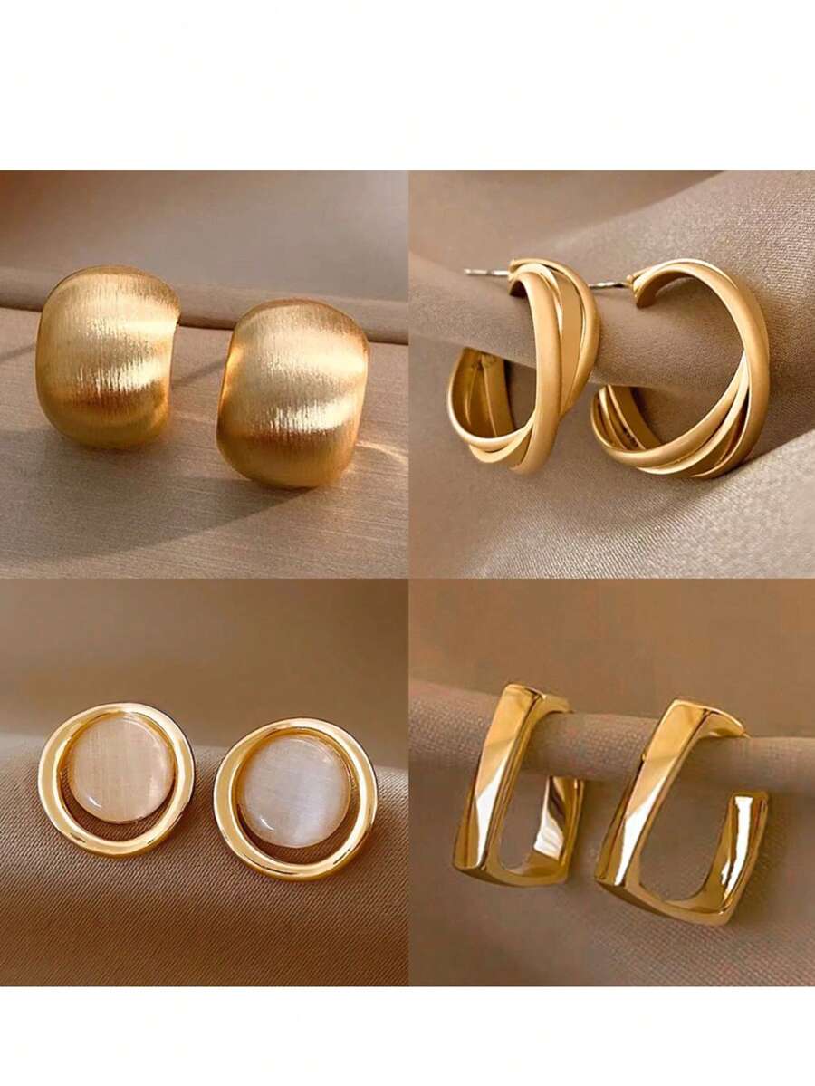 Set de 8 pendientes de metal elegantes y de alta gama con estilo retro de Hong Kong - Amarillo Oro - Ver 1