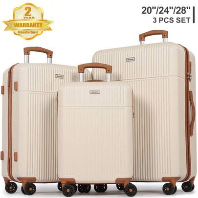 Luggage Sets 3, ABS Hard Shell Lightweight Trolley Travel Suitcase Set With 4 Spinner Wheels TSA Lock For Man Women, 21" + 24" + 28",Beige