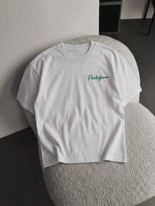 Camiseta masculina de manga curta, modelagem solta, gola redonda, estilo sofisticado inspirado nos resorts do sul da Europa, com estampa "Port Sketch", adequada para casa, escritório, atividades ao ar livre, cidade, estilo casual, streetwear, lazer, jovem, estilo minimalista, universitário, estilo retrô, versátil, texturizada, elegante, personalizada, esportiva, vintage, com estampa de águia retrô. - Branco - Ver 3