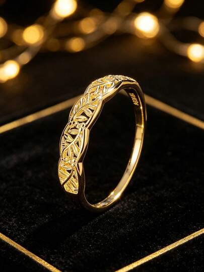 Nhẫn bạc 925 mạ vàng 14K chạm khắc hình dây leo, thiết kế thanh lịch độc đáo, trang sức bạc đa năng dùng hàng ngày.