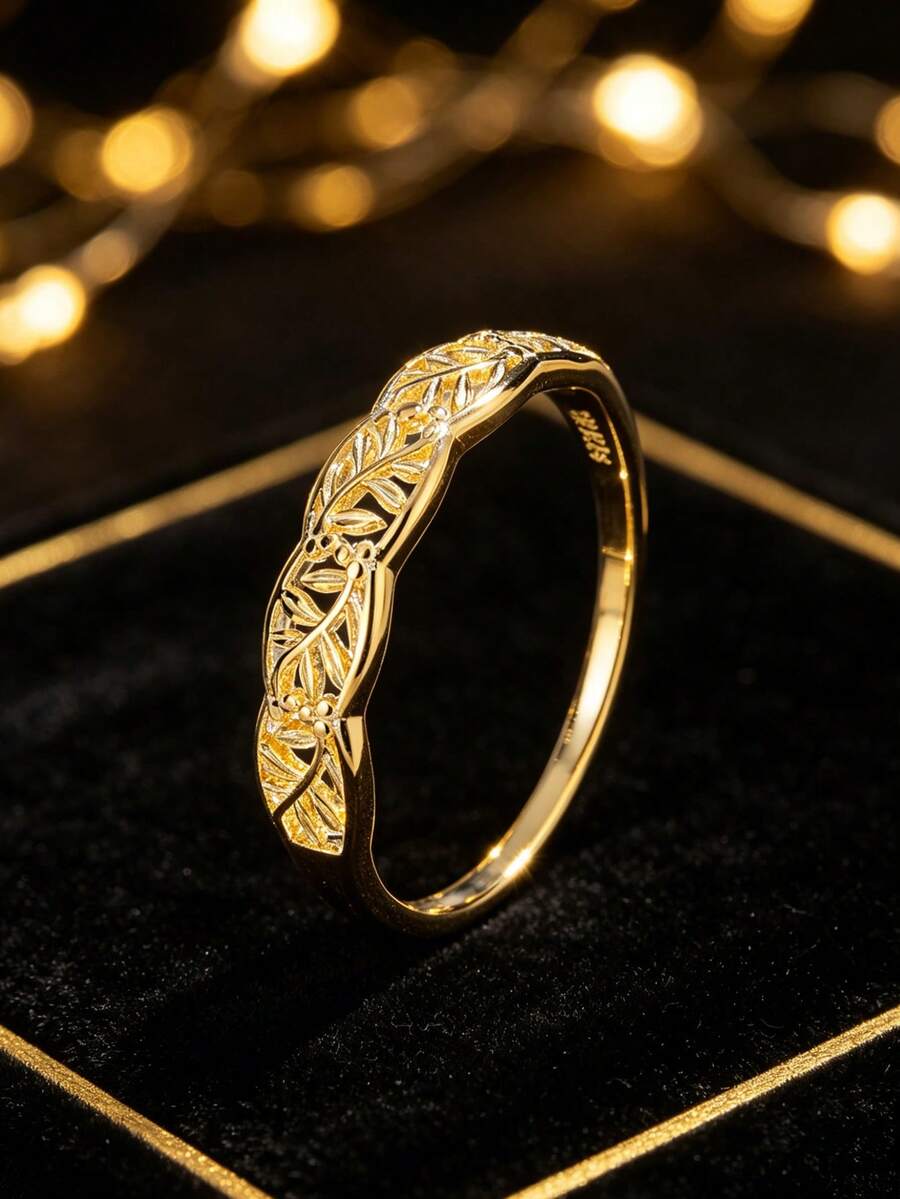 Nhẫn bạc 925 mạ vàng 14K chạm khắc hình dây leo, thiết kế thanh lịch độc đáo, trang sức bạc đa năng dùng hàng ngày. - Vàng - Xem 1