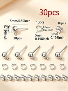 30pcs Bead Earring Studs Set - 10pcs Bead Earring Studs + 10pcs Open Rings + 10pcs Earring Backs, Includes Bead Earring Posts, Butterfly Earring Backs And Open Jump Rings, Suitable For DIY Jewelry Earring Making - Earring Set - View 4