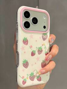 Korean Style Girly Gold-Plated Strawberry & Star 17 Pro Max Phone Case, Minimalist Elegant Protection Cover Compatible With Iphone 17 Pro, 16 Pro, 15 Pro, 14 Pro Max - Pink - View 2