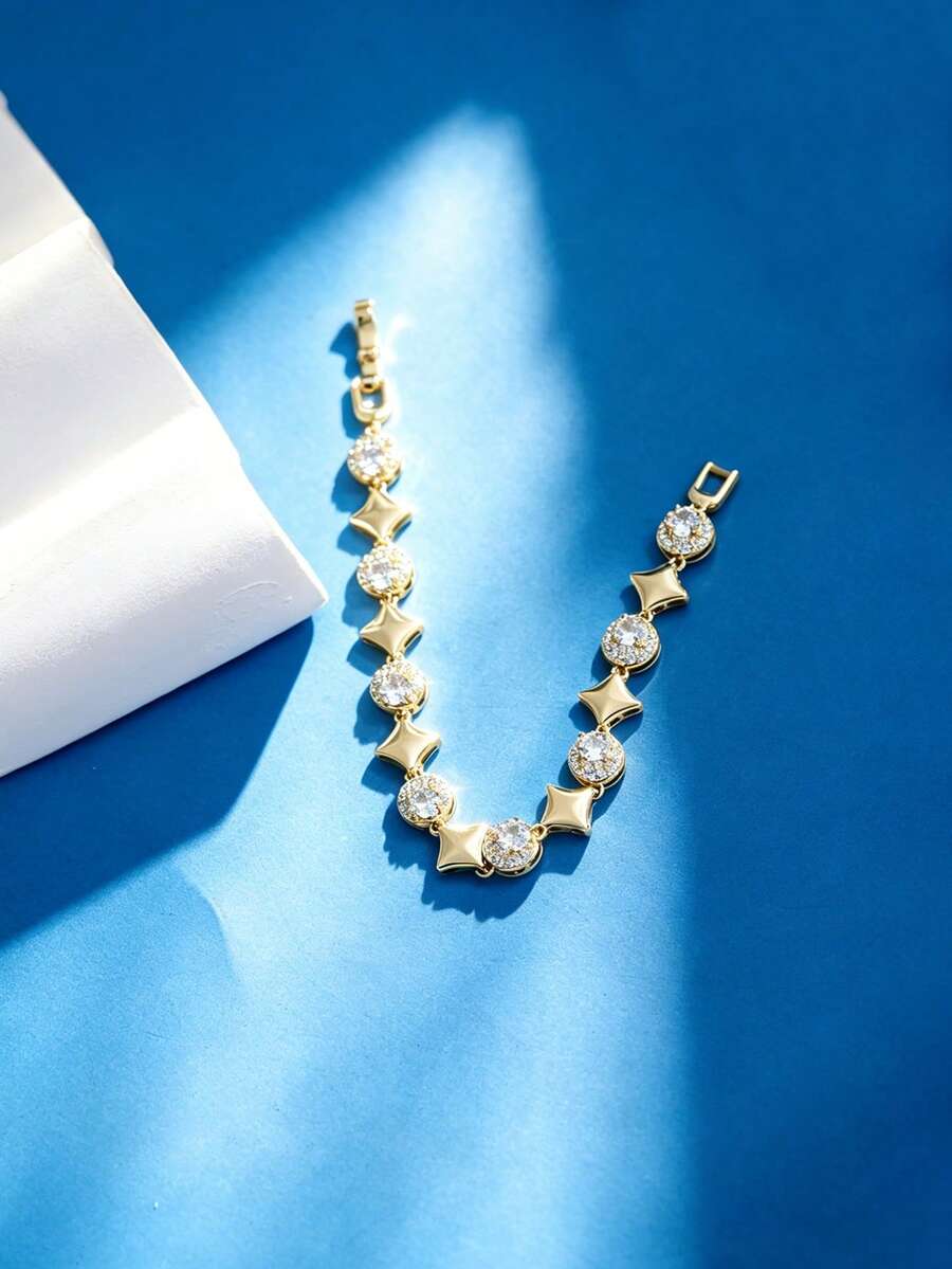 1 chiếc vòng tay mạ vàng đính đá Zirconia hình thoi, vòng tay đơn giản, độc đáo dành cho cả nam và nữ. - Vàng - Xem 1