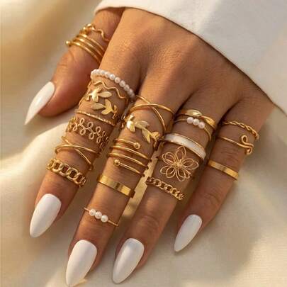 22 piezas Anillos apilables de tono dorado vintage y bohemio, con estilos texturizados, asimétricos y multicapa, con colgantes delicados de perla, cadena y hoja, adecuados para uso diario, bodas y fiestas, regalo perfecto para ella, conjunto de joyas estéticas