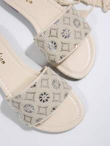 2026 New Flat Slide Sandals/Solid Color, Flat Design, Shiny Vamp, Exquisite Rhinestone Decor, Slip-On Style, Easy To Clean, Elegant & Refined, Fashion Versatile, Suitable For Daily Wear, Shopping, Dating, Vacation, Travel - Beige - View 6