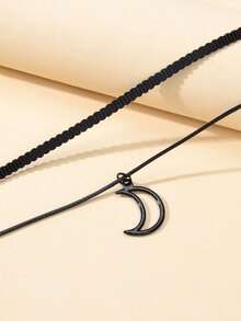 1 pieza Collar gargantilla de cuerda de doble capa con colgante de luna gótica, joyería para fiestas & uso diario - Negro - Ver 3