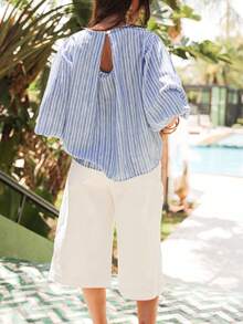 Blusa casual y holgada de mujer con rayas, camisa de lino con cuello barco y mangas 3/4 abullonadas, adecuada para usar en vacaciones de verano - Azul - Ver 9
