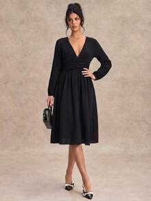 Elegant Commuter Solid Color Deep V-Neck Dress - Black - View 1