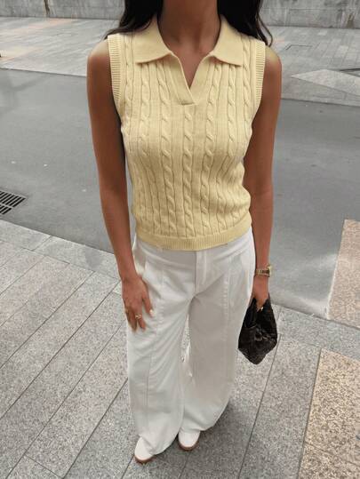 Women's Turndown Collar Cable Knit All-Match Casual Solid Color Slim Fit Pullover Top, Suitable For Spring And Summer