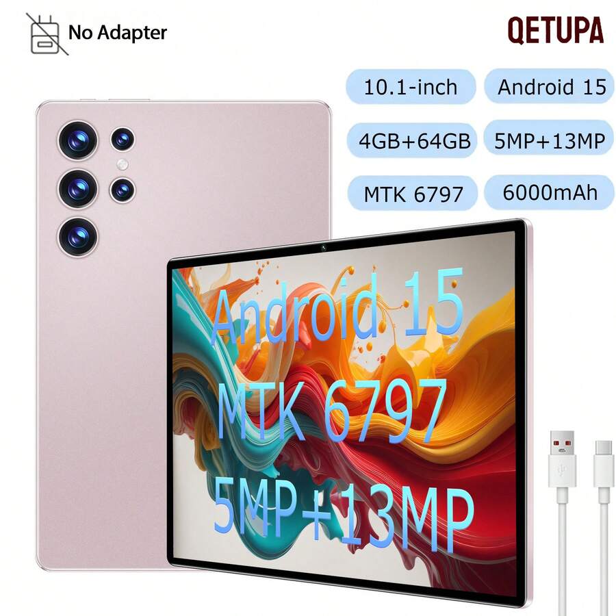 Qetupa Tablet PC Android 15, Layar 10,1 Inci, RAM 4GB + ROM 64GB, Prosesor MTK 6797 Octa-Core 2.0GHz, Layar Sentuh IPS HD (1280x800), Kamera Depan 5MP dan Kamera Belakang 13MP, Baterai Besar 6000mAh, Bluetooth 5.2 dan WiFi 5 802.11ac, GPS (Tanpa Adaptor) - Rose Gold - View 1