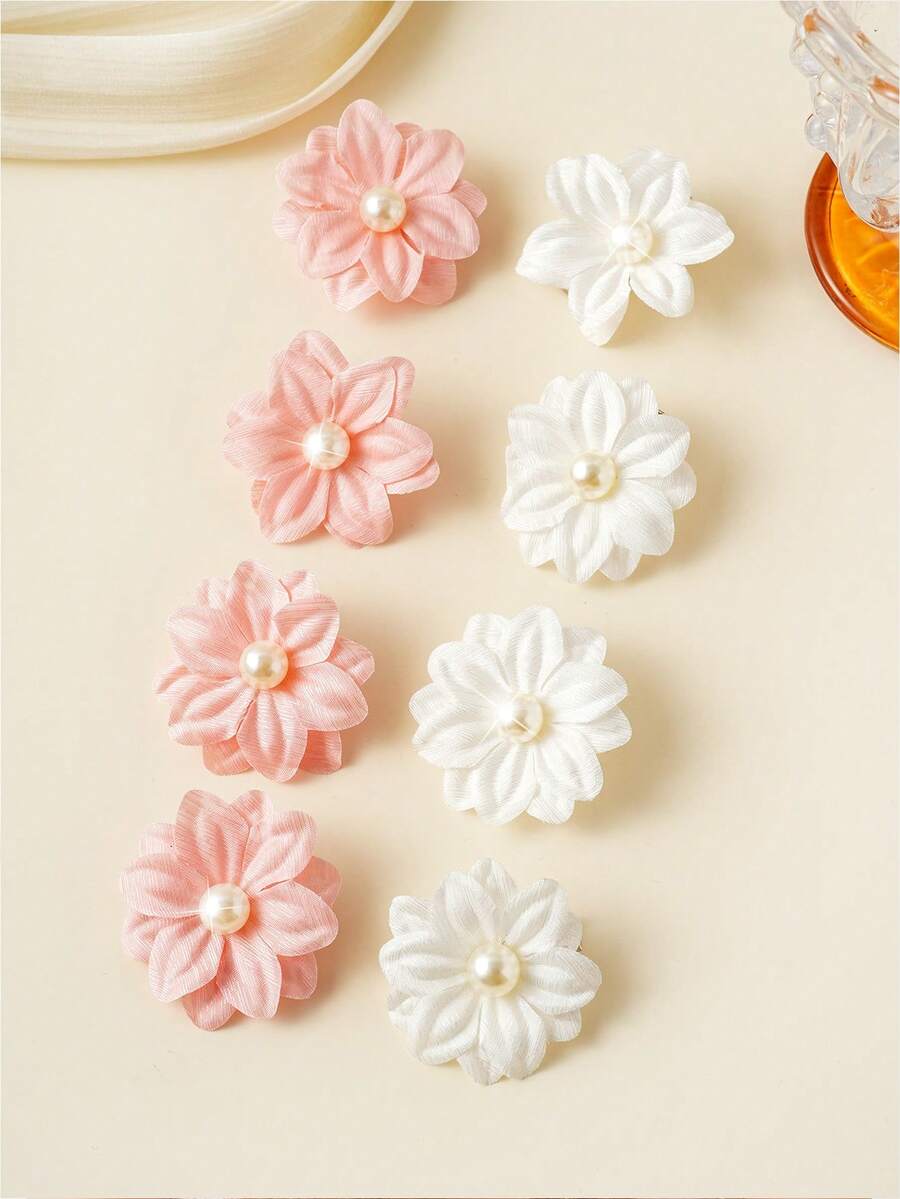 8 pièces/set Pinces à cheveux pour filles, barrettes élégantes à fleurs de perles roses et blanches, accessoires de cheveux mignons et doux pour les vacances à la plage, convenant pour les voyages, les fêtes de plage, les anniversaires et le port quotidien - Multicolore - Voir 1