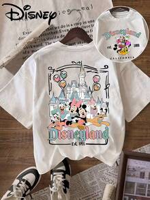 Disney Women's T-Shirt Classic Cartoon Characters Mickey, Donald Duck, Goofy, And Minnie Are Illustrated Around A Castle, Accompanied By Colorful Gradient Text 'Disneyland Est 1955' And Balloon Decorations On A New Summer Short-Sleeve T-Shirt For Women - White - View 5