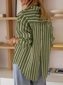Camisa de manga larga con botones delanteros y traseros a rayas, estilo preppy - Verde militar - Ver 3