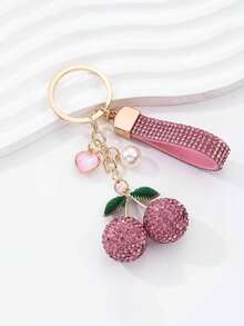 Un hermoso y exquisito llavero con forma de corazón adornado con cerezas brillantes y gotas con aspecto de oso, hecho de aleación, perfecto como un accesorio suave y glamoroso para bolsos, y un regalo memorable para la familia. - Multicolor - Ver 7