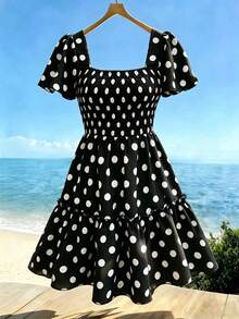 Vestido corto de verano para mujer con cuello cuadrado, mangas acampanadas y volantes en el bajo - Blanco y Negro - Ver 12