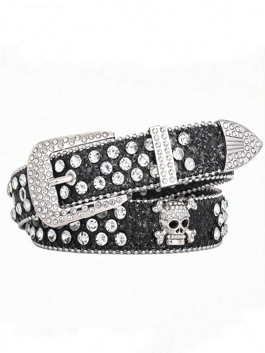 Cinturón unisex de unicolor con tachuelas de cristal, cinturón de estilo punk de cuero sintético brillante, adecuado para vaqueros, vestidos y talla grande - Negro - Ver 1