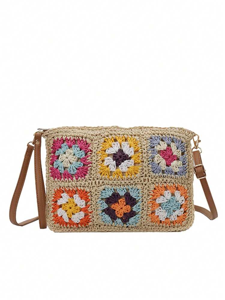 Bohemian-Style Crochet Flower Crossbody Bag, Colorful Granny-Style Checkered Straw Clutch Bag, With Brown Adjustable Shoulder Strap. - Multicolor - View 13