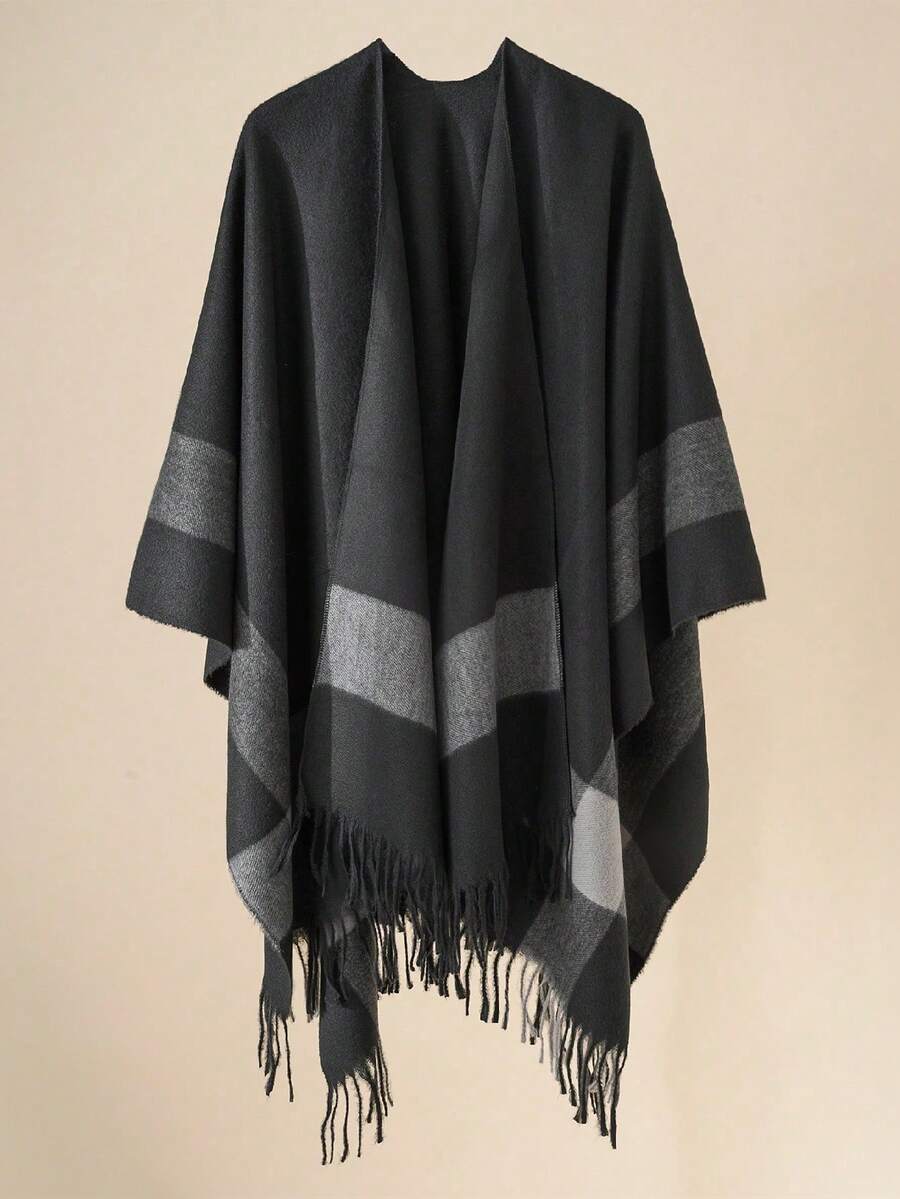 1pc Warm Striped Tassel Shawl,Holiday,Travel Essential - Black - View 1